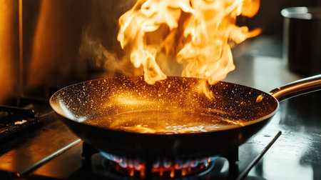 A close-up of a frying pan on a gas burner with visible flames, heating oil and preparing a delicious dish.の素材
