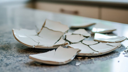 A close-up of cracked ceramic pieces of a broken plate, with some pieces still attached, lying on a kitchen countertop.の素材