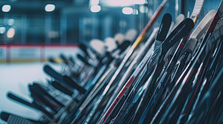 A close-up of hockey sticks forming a pile in the team bench area during an intermission.の素材