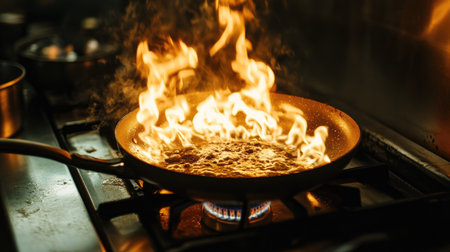 A close-up of a gas stove with a frying pan heating up, flames flickering brightly under the pan.の素材