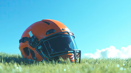 A close-up of a football helmet resting on a grassy field under a clear blue sky.の素材