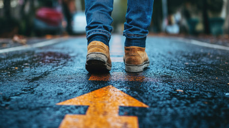 A close-up of a person's shoes stepping onto a marked road with arrows pointing forward, symbolizing progress.の素材