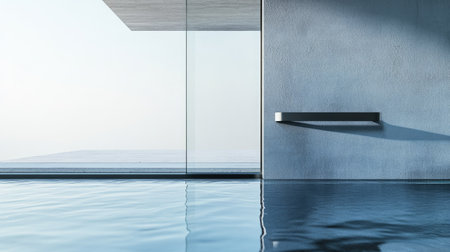 A close-up of an aluminum sliding door handle with a minimalist design against clear glass.の素材