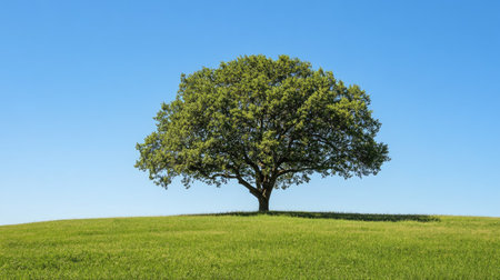 A clear shot of a tall tree with an expansive green canopy under a perfect blue sky.の素材