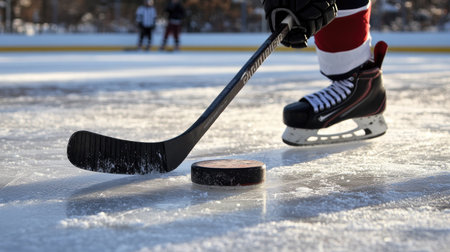 A close-up of a hockey player gripping a stick, with a puck positioned on the ice below.の素材