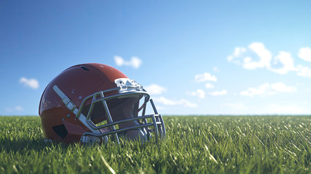 A close-up of a football helmet resting on a grassy field under a clear blue sky.の素材