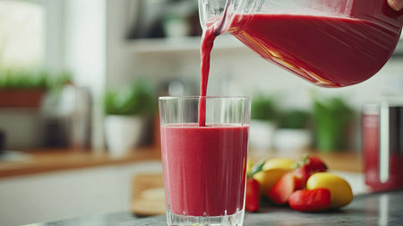 A close-up of a blender pouring a fresh fruit smoothie into a glass, with a kitchen in the background.の素材