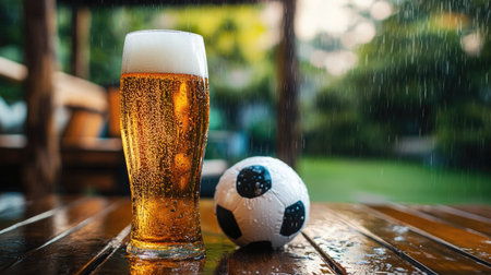 A clear beer glass with bubbles rising, sitting beside a soccer ball on a patio table.の素材