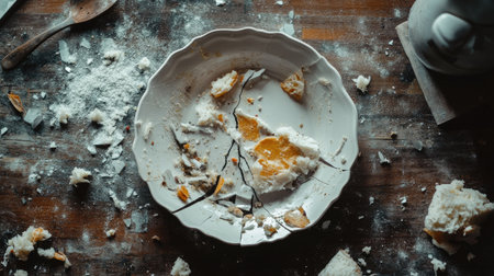 A dramatic shot of a broken ceramic plate with jagged edges, surrounded by remnants of a meal.の素材