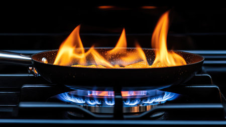 A dramatic shot of flames under a frying pan on a gas stove, heating up ingredients for a delicious recipe.の素材