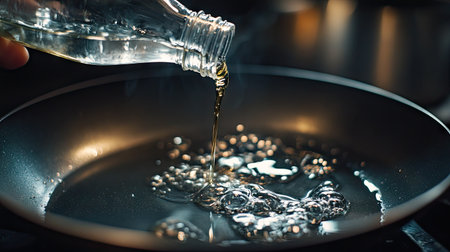 A detailed shot of a hand pouring oil from a plastic bottle into a frying pan, with a focus on the shimmering liquid.の素材