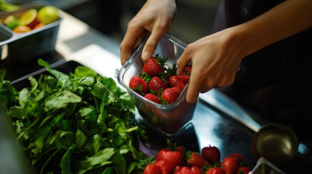 A chef's hands adding strawberries to a blender, with fresh greens and fruits on the counter nearby.の素材