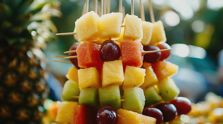 A close-up of assorted fresh fruit skewers with colorful chunks of pineapple, grapes, and melon for a festive party.の素材