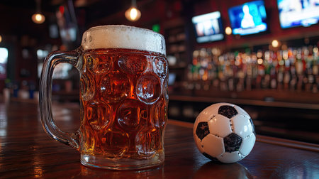 A close-up of a beer mug and a soccer ball on a wooden bar top with TV screens in the background.の素材