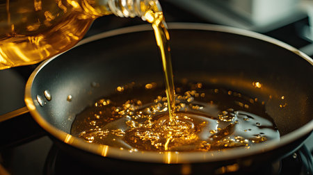 A close-up of golden cooking oil being poured from a bottle into a hot frying pan on a modern stovetop.の素材