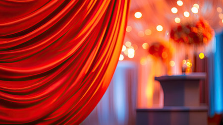A close-up of the red silk fabric draping over a presentation podium, glowing under bright lighting.の素材