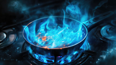 A close-up of a frying pan sizzling on a gas stove burner with blue flames, ready for cooking.の素材