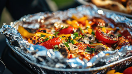 A close-up of a foil food box with a portion of takeaway pizza slices, wrapped in foil and ready for delivery.の素材