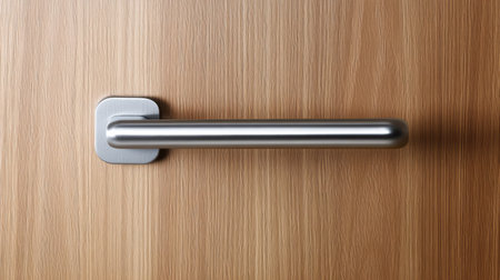 A close-up of an aluminum sliding door handle with a minimalist design against clear glass.の素材