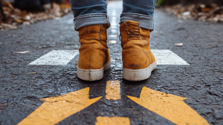 A close-up of a person's shoes stepping onto a marked road with arrows pointing forward, symbolizing progress.の素材