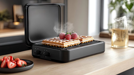 A close-up of a modern waffle maker with a freshly cooked waffle and toppings like strawberries and powdered sugar.の素材