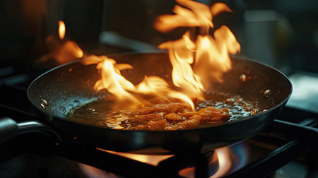 A close-up of a frying pan on a gas burner with visible flames, heating oil and preparing a delicious dish.の素材