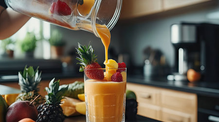 A close-up of a blender pouring a fresh fruit smoothie into a glass, with a kitchen in the background.の素材