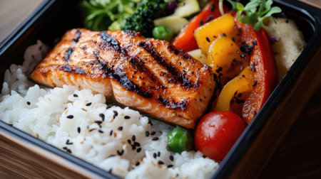 A close-up of a bento box with rice, grilled salmon, and a portion of stir-fried vegetables, perfect for lunch.の素材