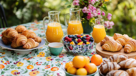 A festive brunch table decorated with orange juice carafes, croissants, and fresh fruit bowls on a cheerful tablecloth.の素材