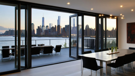 A contemporary dining area with an open aluminum frame sliding door overlooking a city skyline.の素材