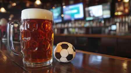 A close-up of a beer mug and a soccer ball on a wooden bar top with TV screens in the background.の素材