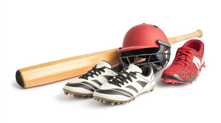 A combination of sports items, including a cricket bat, helmet, and soccer cleats, isolated on a white background.の素材