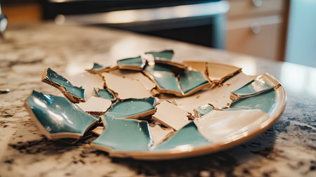 A close-up of cracked ceramic pieces of a broken plate, with some pieces still attached, lying on a kitchen countertop.の素材