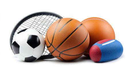 A collection of assorted sports equipment, including a basketball, tennis racket, and soccer ball, isolated on a white background.の素材