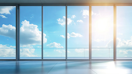 A close-up of sleek aluminum sliding doors with large glass panes, reflecting a bright sunny sky.の素材