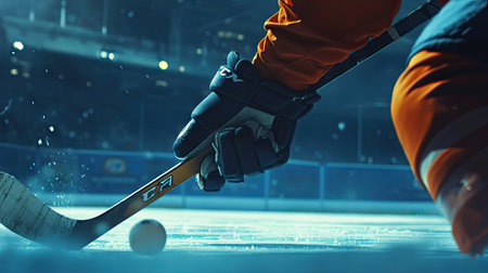 A close-up of a hockey player gripping a stick, with a puck positioned on the ice below.の素材