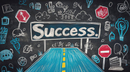 A chalkboard illustration of a road with stop signs, obstacles, and a finish line labeled Success.の素材
