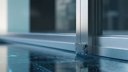 A close-up of aluminum frame corner joints and weather-sealing features on a sliding door system.の素材
