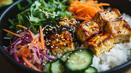 A close-up of a beautifully decorated bento box with rice, pickled vegetables, tofu, and fresh greens.の素材