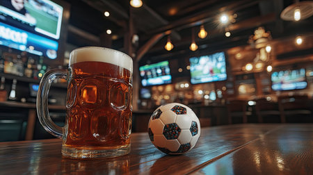 A close-up of a beer mug and a soccer ball on a wooden bar top with TV screens in the background.の素材