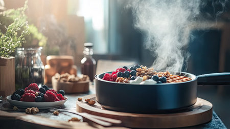A contemporary waffle maker steaming, with a tray of fresh ingredients like nuts, berries, and yogurt beside it.の素材