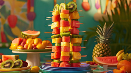 A colorful fruit skewer tower placed on a buffet table, featuring watermelon, kiwi, and pineapple pieces.の素材