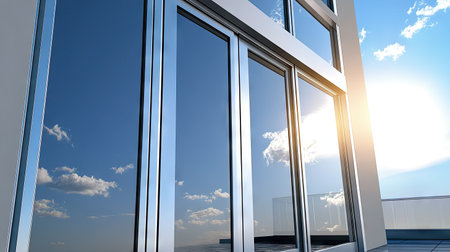 A close-up of sleek aluminum sliding doors with large glass panes, reflecting a bright sunny sky.の素材