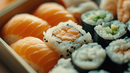 A close-up of a Japanese bento box with a variety of sushi, rice, and a small portion of pickled vegetables.の素材