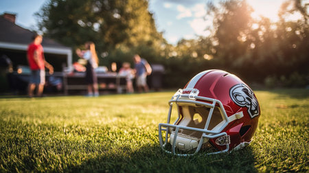 A child's small football helmet resting on a backyard field with a family barbecue setup in the background.の素材