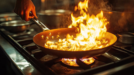 A close-up of a frying pan on a gas stove with flames burning beneath, highlighting the cooking process.の素材
