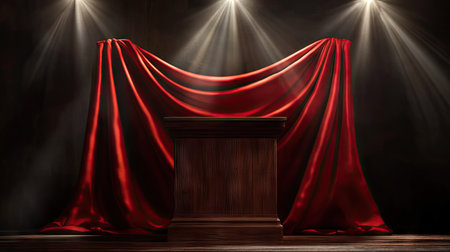 A classic wooden podium draped in red silk fabric, with warm spotlight beams highlighting it.の素材