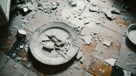 A cracked ceramic plate with shards on the floor of a kitchen, with a sense of chaos and disorder.の素材