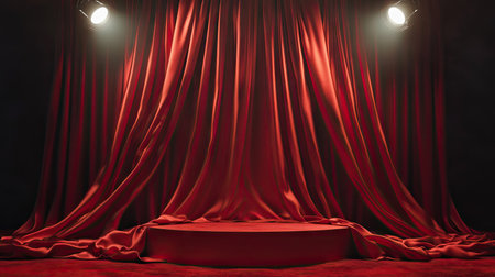 A close-up of a podium draped in rich red silk, with two spotlights shining from above.の素材