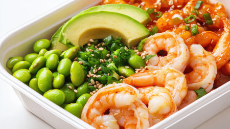 A close-up of a poke bowl with avocado, shrimp, and edamame, served in a take-out container isolated on a white background.の素材